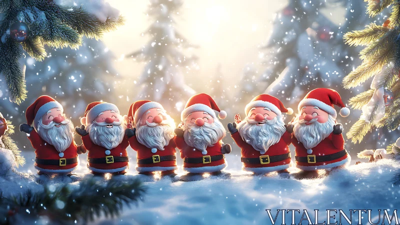 Seven stylized Santa figures glow in soft winter backlight