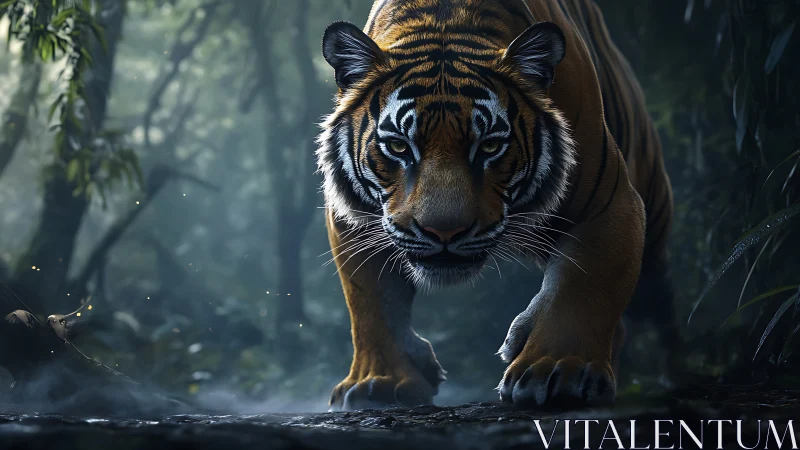 Low-lit jungle tiger stalking forward in misty undergrowth.