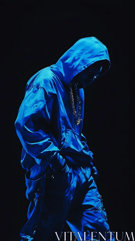 Moody blue hooded figure glowing in the dark night.