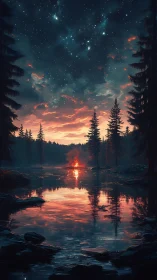Vertical forest lake scene shows campfire under star field