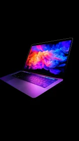 Photorealistic neon laptop with chromatic display bloom focus.