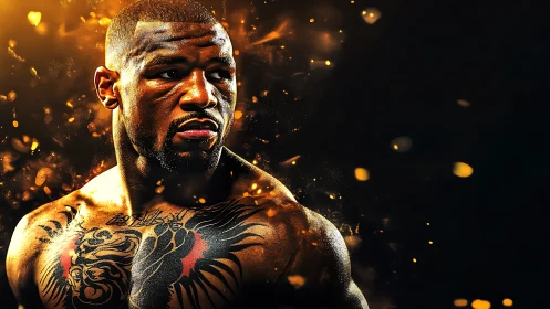 Athletic male with full body tattoos rendered in golden particle effects