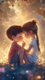 Two children sharing a tender autumn moment together