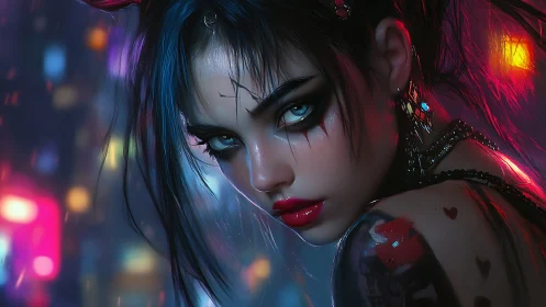 Neon-lit punk portrait with high-contrast rim lighting and bokeh