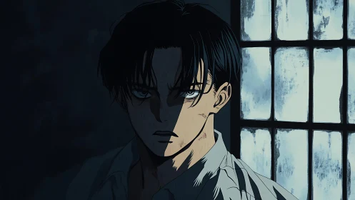 Anime man stands in harsh side light before window