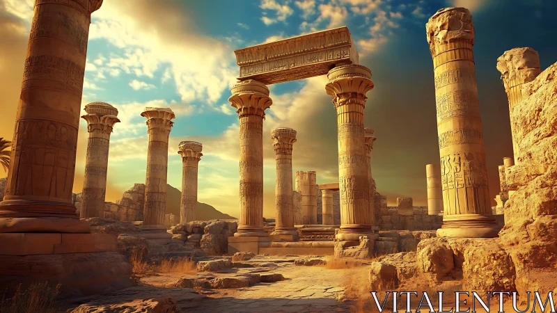 Ancient sandstone temple colonnade under warm sky at dusk.