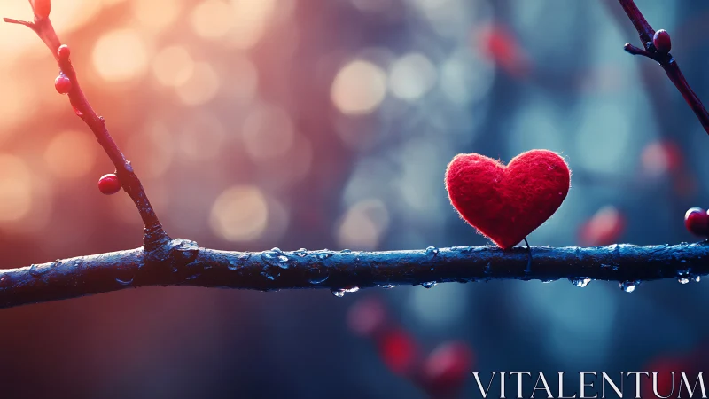 Crimson Heart on Frosted Branch with Bokeh Ambient Lighting