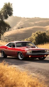 Classic red muscle car glows on sunlit country road.