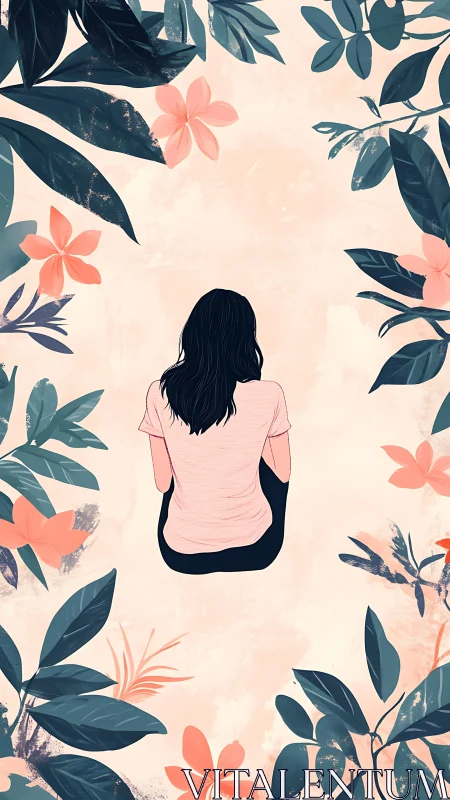 Seated figure is centered within symmetrical floral framing