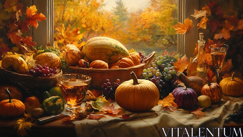 Oil still life of autumn harvest table with glowing foliage window.