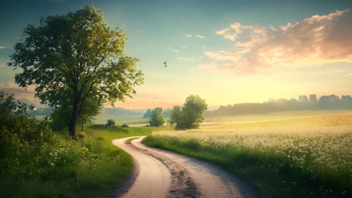 Sunlit country lane winds through tranquil summer meadow.