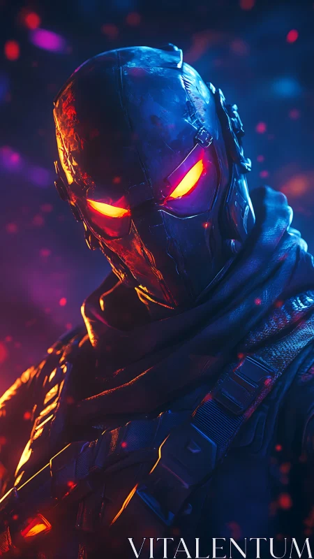 Armored futuristic soldier with glowing eyes stands in embers