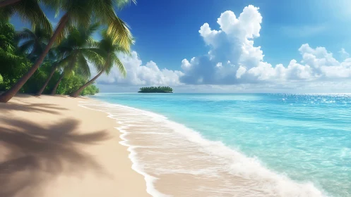 Tropical Paradise Beach with Palm Trees and Turquoise Waters.