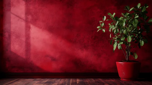 Green potted plant contrasts against textured red wall.