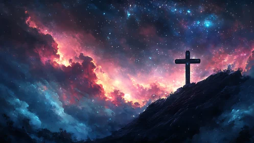 Cross on a starlit hill glowing with gentle cosmic light.