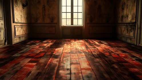 Empty decayed room with stained wooden floor and window.