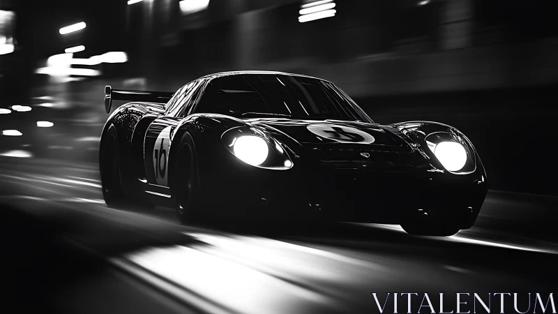 Monochrome endurance race car accelerates through night streets