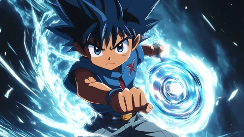 Blue-haired anime warrior unleashing spiraling energy vortex.