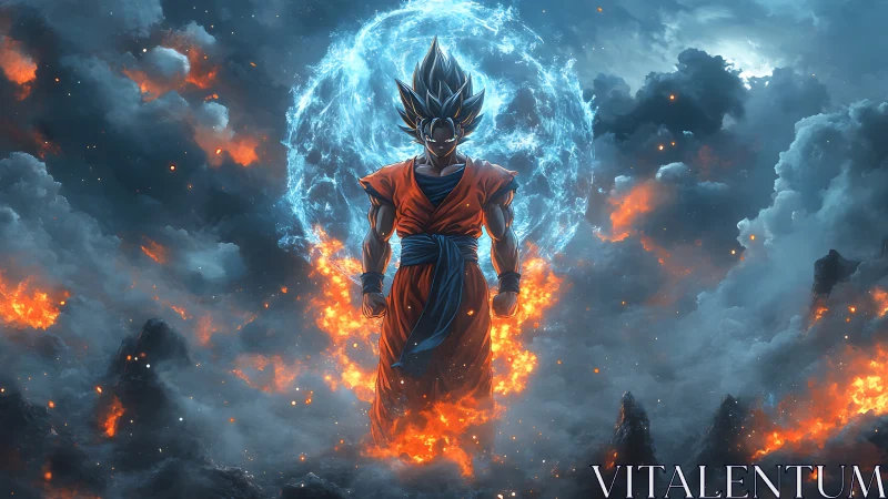 Storm-lit warrior rises through fire and sky with fierce calm