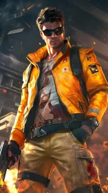 Cyber mercenary in orange tactical jacket surveys burning cityscape