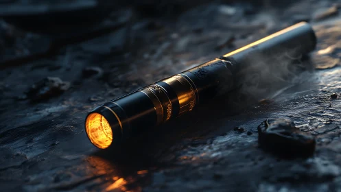 Burning metal flashlight glows on wet ground at dusk.