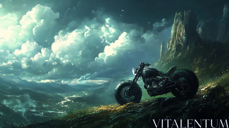 Custom bobber motorcycle silhouettes against stormlit alpine valley