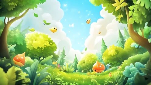 Whimsical Forest Ecosystem: Digital Illustration with Magical Flora.