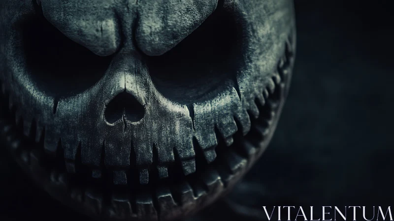 Grim carved skull face shows deep cracks and jagged teeth