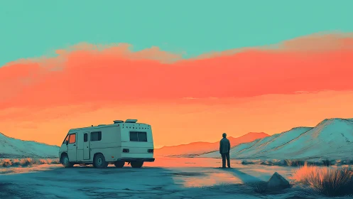 Chromatic desert horizon with RV silhouette and lone figure.