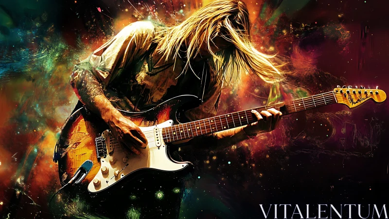 Electric guitarist rides a blazing wave of color and sound