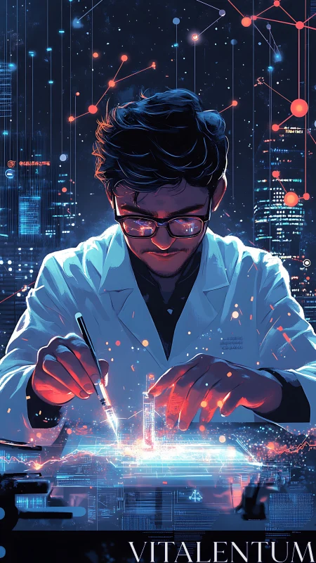 Cybernetic lab scientist manipulating luminous data substrate.