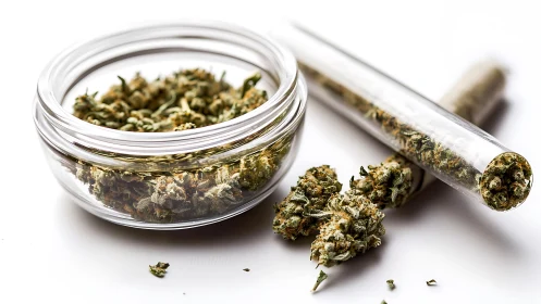 Glass jar and tube hold dried cannabis buds on white surface