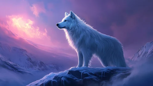Luminous white wolf on icy ridge under magenta aurora sky