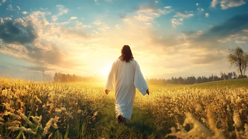 Figure in white walking toward a peaceful golden sunrise.