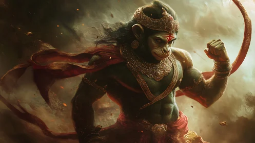 Dynamic warrior monkey deity rendered with cinematic lighting depth