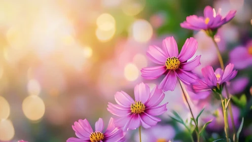 Pink Cosmos Flowers in Soft Golden Sunlight