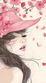 Pink hat girl surrounded by soft cherry blossoms petals.