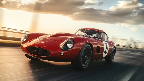 Red vintage race car accelerates along sunlit highway