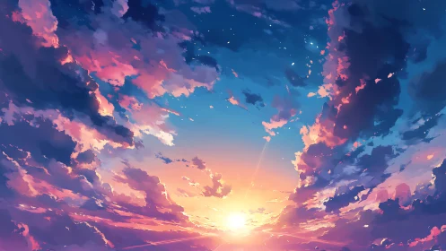 Digital sky illustration depicts layered sunset cloud formations