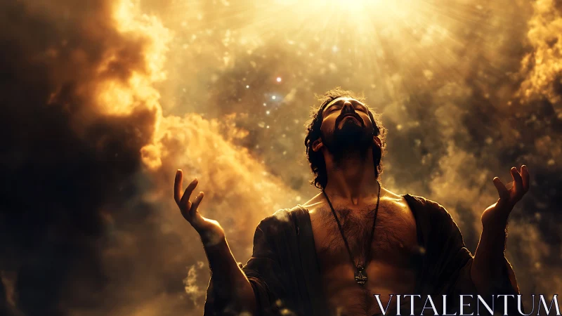 Radiant volumetric clouds framing illuminated supplicant figure.