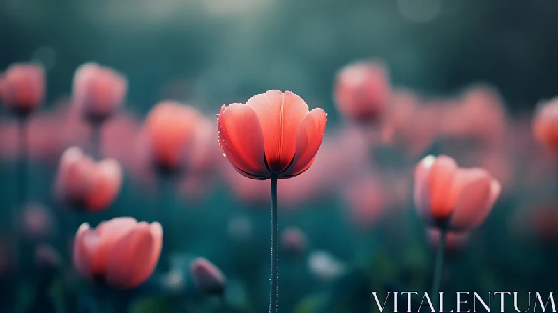 Dewdrops and Coral Petals in Soft Focus.