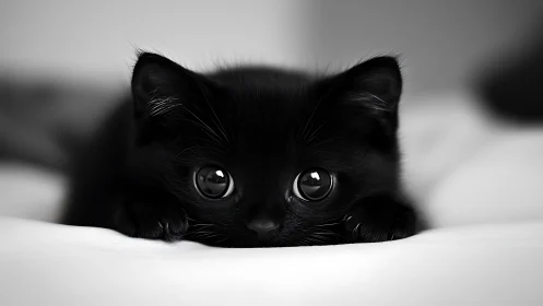 Black Cat Peering Over White Surface with Intense Gaze.