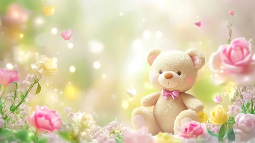 Plush teddy bear sits among glowing pastel spring flowers