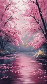 Pink blossom trees over calm river in soft spring light.
