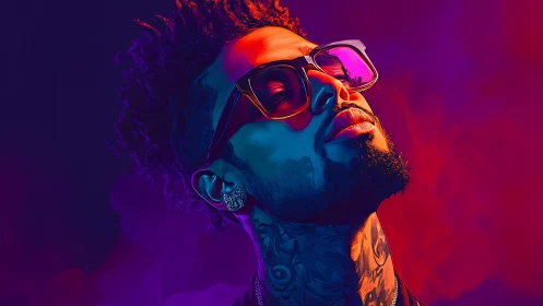 Neon glow portrait of a cool tattooed dreamer at dusk.