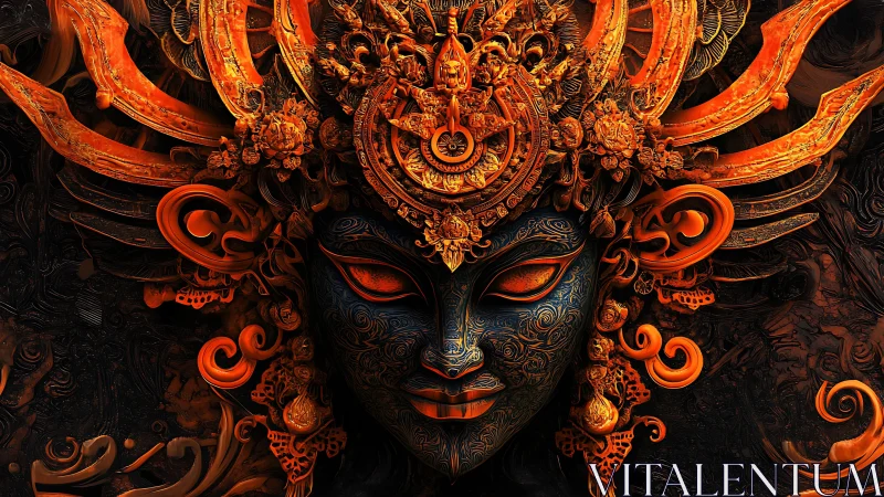 Ornate digital mask with fiery ornamental headdress design.