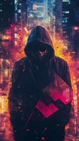 Hooded masked figure in fiery neon cyberpunk cityscape.