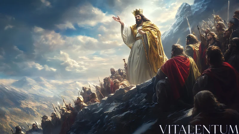 Mountain king addressing armed followers under dramatic sky.