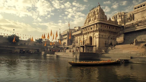 Riverside Hindu temple façade under warm diffused evening light