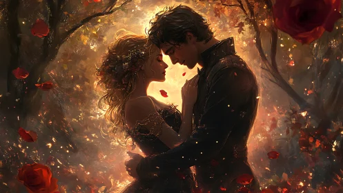 Romantic Embrace in Golden Light: Fantasy Digital Painting.